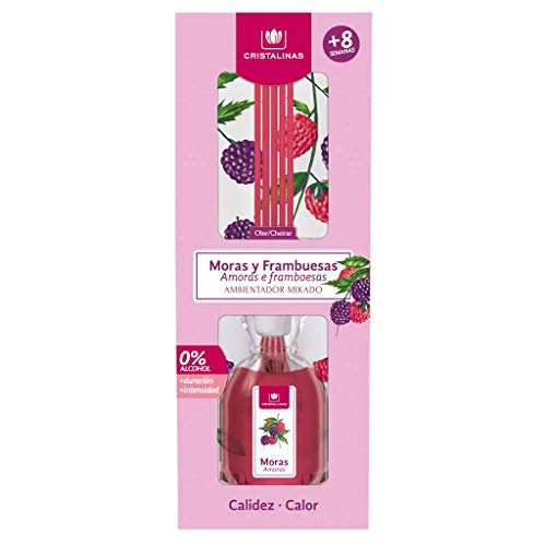 CRISTALINAS. Ambientador Mikado Clásico. Difusor con Varillas de ratán. Formula sin Alcohol. Máxima duración, hasta 16 semanas. Aroma Mora (Mora, 2 x 40 ml)