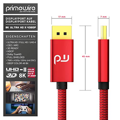 CSL 8k - Cable DisplayPort a Displayport (2 m, DP 1.4-7680 x 4320 60 Hz, 3840 x 2160 120 Hz, 1920 x 1200 240 Hz, Ancho de Banda de hasta 32,4 Gbits, HBR3, DSC 1.2, HDR 10), Color Rojo