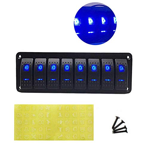 CT-CARID 8 Gang Switch Panel ON-OFF Impermeable Marina Barco 12V Interruptor basculante Panel con luz LED azul para coche Marina RV Camión Camper Vehículos