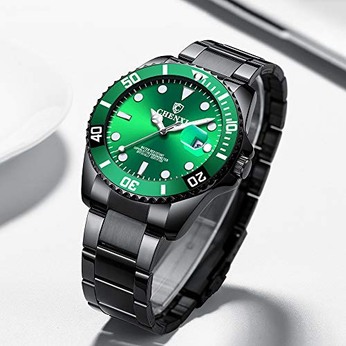 CXJC Mira los hombres en tres colores De Negro, azul y verde, el reloj mecánico de los hombres de múltiples funciones, 3ATM impermeable, correa de acero inoxidable, de alta definición Luminoso