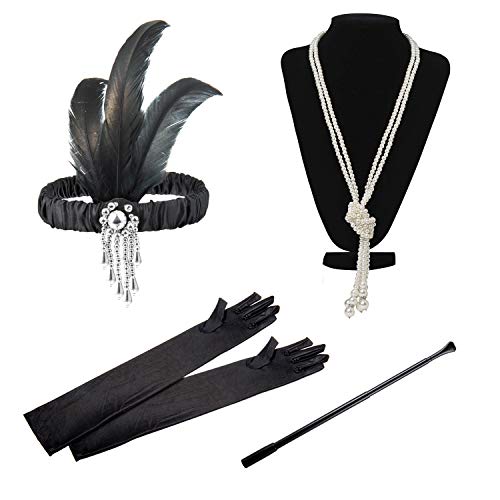 Czemo 1920s Set de Accesorios de Flapper de los años 20 Fiesta Disfraz Gran Gatsby Diadema, Collar, Guantes, Canastilla de Cigarro