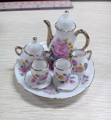 Dcolor 8 PC de casa de munecas en miniatura de te de porcelana vajilla juego de comedor plato taza rosa rosa