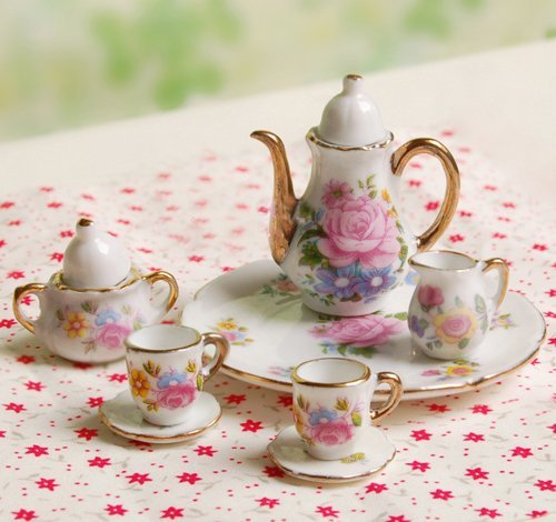 Dcolor 8 PC de casa de munecas en miniatura de te de porcelana vajilla juego de comedor plato taza rosa rosa