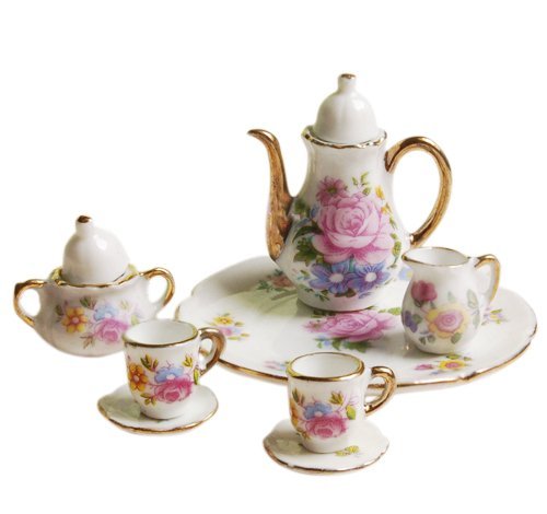 Dcolor 8 PC de casa de munecas en miniatura de te de porcelana vajilla juego de comedor plato taza rosa rosa