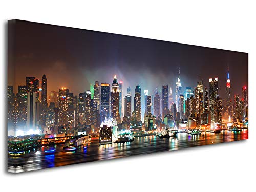 Declina - Cuadro de Paisaje Moderno, decoración de Pared, Cuadro Paisaje de Colores Vivos, Cuadro Decorativo Panorama Nueva York by Night 80 x 30 cm, Lona, 120x50 cm