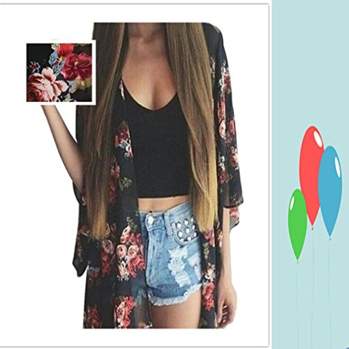 DEELIN Summer Women Floral Printed Chiffon Kimono Cardigan Shawl Blouse Tops Cover Up (XL, Negro)