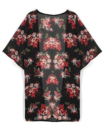 DEELIN Summer Women Floral Printed Chiffon Kimono Cardigan Shawl Blouse Tops Cover Up (XL, Negro)