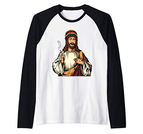 Divertido drogadicto Jesús | Cannabis THC CBD Cáñamo Camiseta Manga Raglan