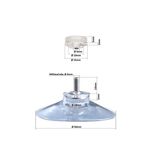 DIYexpert® 4 ventosas Ø 50 mm con rosca M4 x 10 mm incluye tuercas moleteadas transparentes – Fabricado en Alemania