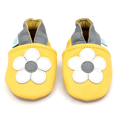 Dotty Fish Zapatos de Cuero Suave para bebés. Antideslizante. Flor Amarilla y Blanca. 2-3 Años (25 EU)