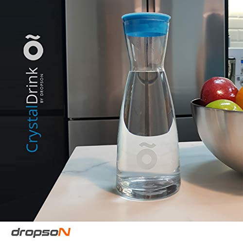 dropson - Jarra con Filtro - Modelo CrystalDrink - Jarra de Agua de Cristal 1L con Tapa en Color Azul + Filtro de Agua para Grifo, Lata Filtrante 300 litros