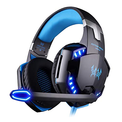 EasySMX G2000 - Auriculares Gaming de Diadema Cerrados (3.5 mm, con micrófono, reducción de Ruido, Control Remoto Integrado), Color Negro y Azul