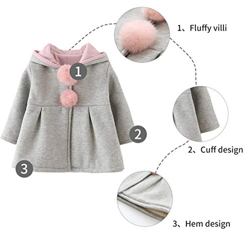 EDOTON Abrigos Niña Pequeño Ropa Otoño Invierno Chaqueta con Bola de Pelo Encantador Oreja Capucha Grueso Capa para Bebés Niña (9-12 Meses, Gris)