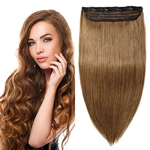 Elailite Extensiones de Clip de Pelo Natural 100% Remy Human Hair Liso - 20"(50CM) #06 Castaño Claro [Muy Gruesas] (Una Pieza 5 Clips) - Postizos Cabello Humano