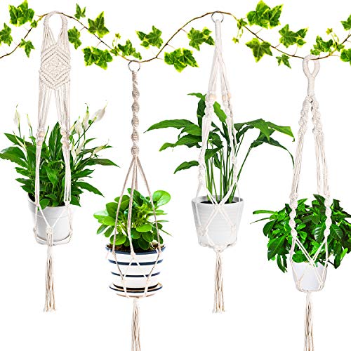 Emooqi Colgador para Plantas, Macramé para Colgador Macetas Exquisito Macramé Plantas｜Cuerda De Algodon｜4 Patas 41inch｜Tejidas a Mano｜Colgador de Pared Decoración del Jardín del Balcón -Paquete De 4