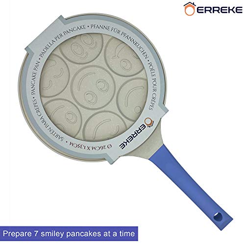 Erreke - Sartén para Tortitas, Molde Tortitas, Todo Tipo de Cocinas Incluso Inducción, Antiadherente, Diseño Caritas, Mango Tacto Suave, Infantil y Divertido, Tamaño 26 cm, Color Azul