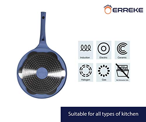 Erreke - Sartén para Tortitas, Molde Tortitas, Todo Tipo de Cocinas Incluso Inducción, Antiadherente, Diseño Caritas, Mango Tacto Suave, Infantil y Divertido, Tamaño 26 cm, Color Azul