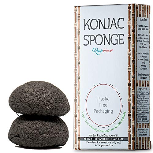 Esponja Konjac Orgánico con Carbón Activado - limpiador facial - Grasas y Propensas al Acné - 2 Piezas