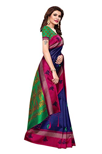 ETHNICMODE Indian Women's Art Silk Fabrics Multi-Colored Printed Sari with Blouse Piece (Fabric) Coconut Blue