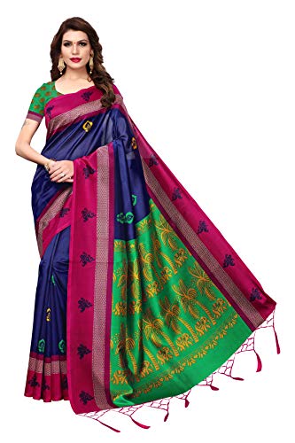 ETHNICMODE Indian Women's Art Silk Fabrics Multi-Colored Printed Sari with Blouse Piece (Fabric) Coconut Blue