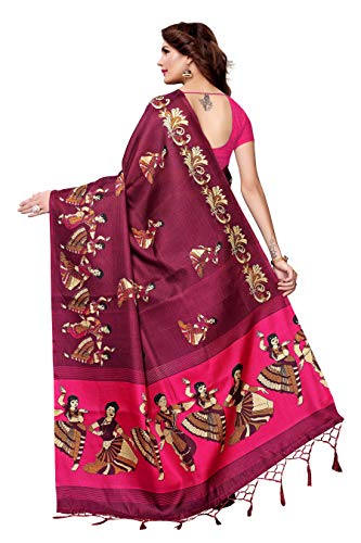 ETHNICMODE Indian Women's Khadi Silk Fabrics Multi-Colored Printed Sari with Blouse Piece (Fabric) KATHAK Wine