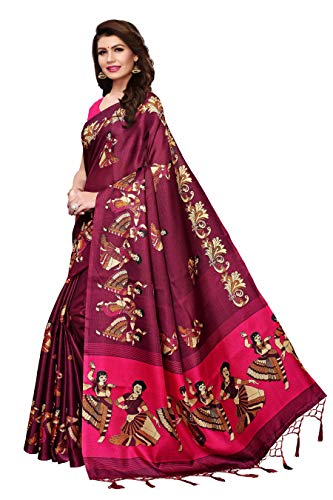 ETHNICMODE Indian Women's Khadi Silk Fabrics Multi-Colored Printed Sari with Blouse Piece (Fabric) KATHAK Wine