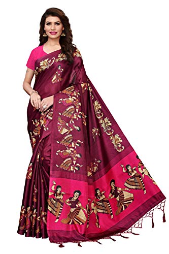 ETHNICMODE Indian Women's Khadi Silk Fabrics Multi-Colored Printed Sari with Blouse Piece (Fabric) KATHAK Wine