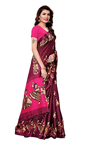 ETHNICMODE Indian Women's Khadi Silk Fabrics Multi-Colored Printed Sari with Blouse Piece (Fabric) KATHAK Wine