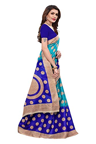 ETHNICMODE Indian Women's Khadi Silk Fabrics Multi-Colored Printed Sari with Blouse Piece (Fabric) Kora Blue