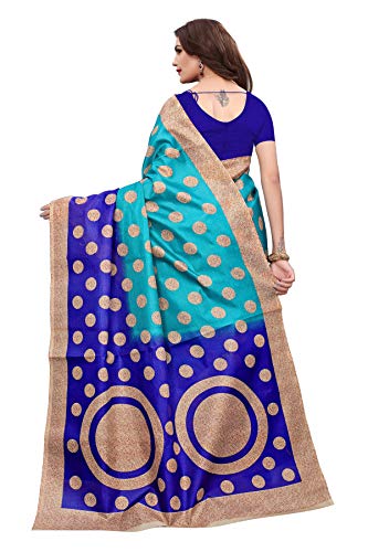 ETHNICMODE Indian Women's Khadi Silk Fabrics Multi-Colored Printed Sari with Blouse Piece (Fabric) Kora Blue