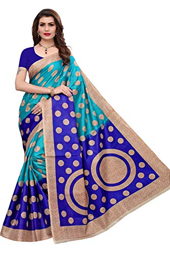 ETHNICMODE Indian Women's Khadi Silk Fabrics Multi-Colored Printed Sari with Blouse Piece (Fabric) Kora Blue