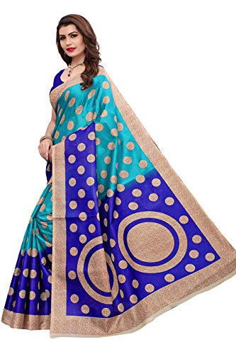 ETHNICMODE Indian Women's Khadi Silk Fabrics Multi-Colored Printed Sari with Blouse Piece (Fabric) Kora Blue