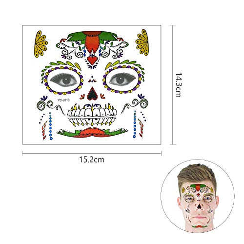 Etiqueta Temporal, KATOOM, 6pcs, Tatuaje Cara Carnaval, Diseño Cráneo con Gemas, Colorido Terror Adhesivas para Maquillaje en Baile de Disfraz a Carnaval, las fallas