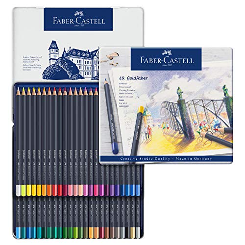 Faber-Castell 114648 - Estuche de metal con 48 ecolápices acuarelables hexagonales Goldfaber Aqua, colores surtidos