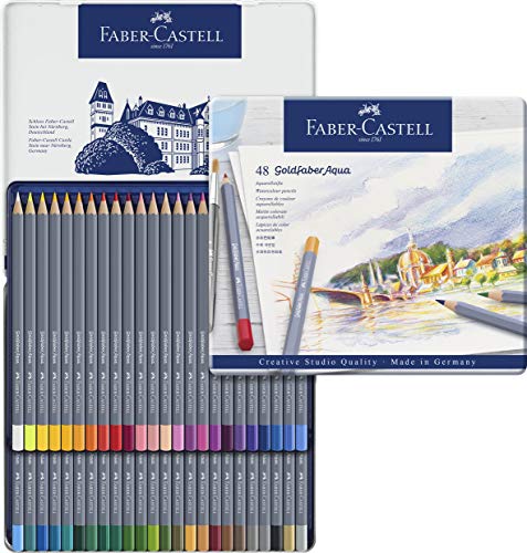 Faber-Castell 114648 - Estuche de metal con 48 ecolápices acuarelables hexagonales Goldfaber Aqua, colores surtidos