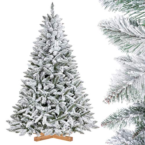 FairyTrees Árbol de Navidad Artificial, Pícea Natural con Nieve, PVC, Soporte de Madera, 180cm, FT13-180