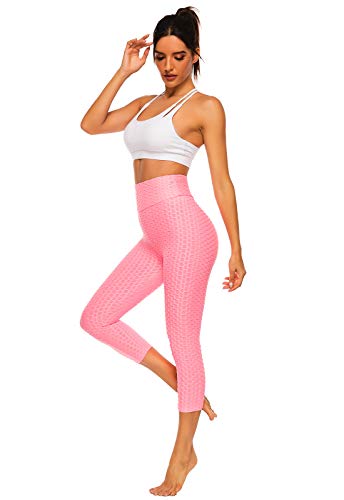 FITTOO Mallas 3/4 Leggings Capris Mujer Pantalones Yoga Alta Cintura Elásticos Super Suave #1 Rosa M