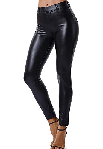 FITTOO Mujeres PU Leggins Cuero Brillante Pantalón Elásticos Pantalones para Mujer Negro XL