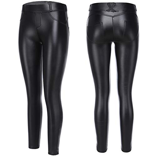 FITTOO Mujeres PU Leggins Cuero Brillante Pantalón Elásticos Pantalones para Mujer Negro XL