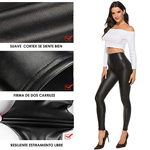 FITTOO Mujeres PU Leggins Cuero Brillante Pantalón Elásticos Pantalones para Mujer300#2 Negro Mate M