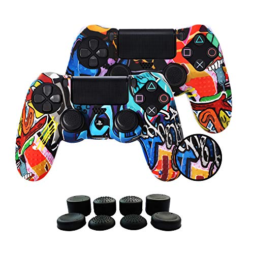 Fundas para Mando PS4/PS4 Pro/PS4 Slim Dualshock 4, Silicona Carcasa Protectora Antideslizante para Play 4/playstation 4( 2 × vistoso Personalizado cubierta de Mando PS4 + 8 × Grips para Pulgares PS4)