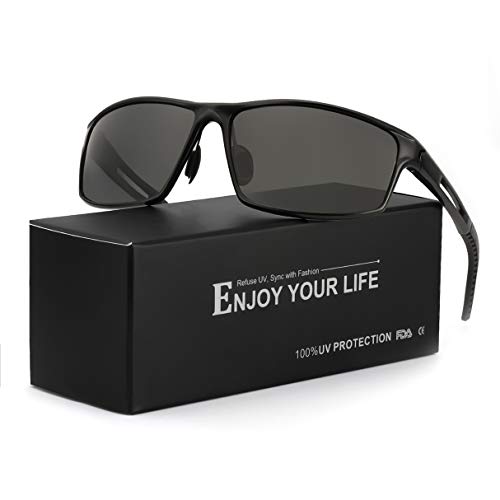 Gafas De Sol Hombre Deportivas Espejo Polarizadas Anti Reflectante Ultraligero Metal Protección 100% UVA UVB (Negro/Gris)