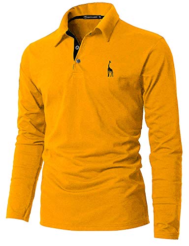 GHYUGR Polo Manga Larga Hombre Algodón Negocios Elegante Bordado de Ciervo Golf Tennis Otoño Invierno Poloshirt Camisas,Amarillo,XL