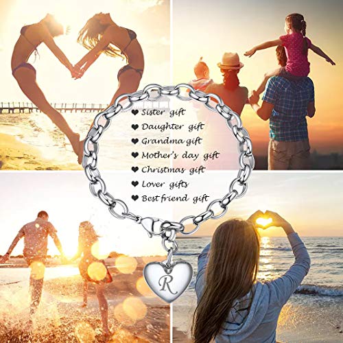 GoldChic Jewelry Pulsera de Mujer, Amor para Siempre, Letra R Colgante corazón Brazalete Ajustable 22cm, Acero Inoxidable, Gratis Caja de Regalo