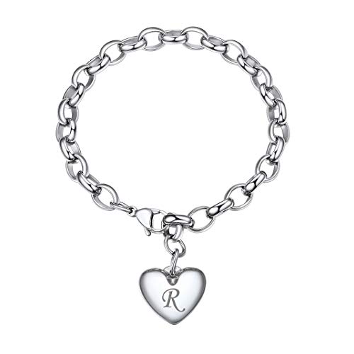 GoldChic Jewelry Pulsera de Mujer, Amor para Siempre, Letra R Colgante corazón Brazalete Ajustable 22cm, Acero Inoxidable, Gratis Caja de Regalo