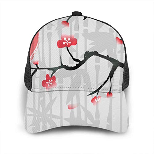 Gorra de béisbol Hombres Mujeres, Japón Cherry Blossom Bamboo Ajustable Trucker Mesh Summer Vented Baseball Sun Cap Hat Hombres Sun Hat