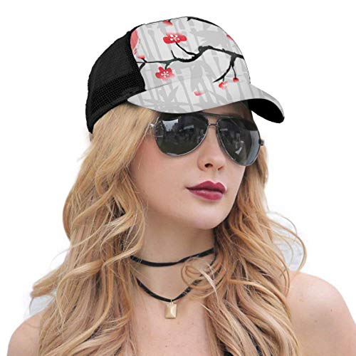 Gorra de béisbol Hombres Mujeres, Japón Cherry Blossom Bamboo Ajustable Trucker Mesh Summer Vented Baseball Sun Cap Hat Hombres Sun Hat