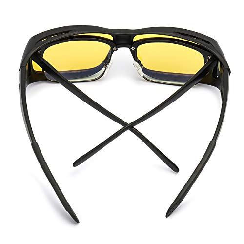 Grandes Gafas de Visión para Conduccion Nocturna Sobre Gafas Polarizadas Lente Amarilla Anti Reflectante - Protección 100% UVA & UVB (Negro mate/Amarillo)