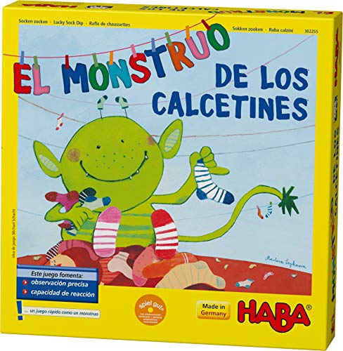 HABA Monstruo de los Calcetines-ESP (302255), Juego de búsqueda 2-6 Jugadores de 4 a 99 años, reacción rápida y Consejos para el Desarrollo del lenguaje, para Toda la Familia