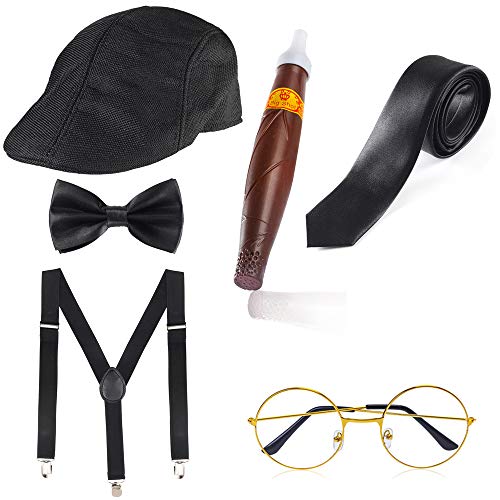 Haichen 1920s Hombre Gatsby Gangster Disfraz Accesorios Set - Gatsby Newsboy Beret Sombrero Tirantes Pre Atado Pajarita Gafas Juguete Cigarro Falso (Negro)